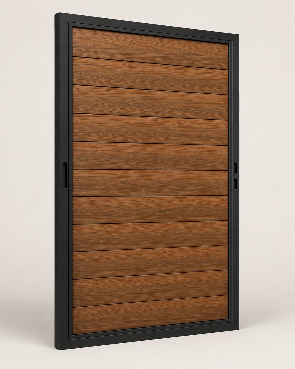 Teak WPC privacy gate in a black powder-coated aluminum frame