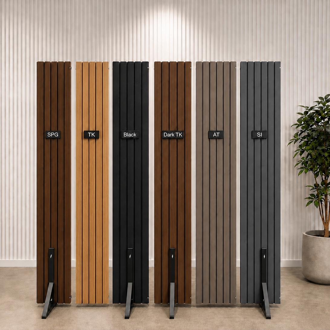 WPC cladding colors displayed side by side: Teak, Wood Grain, Dark Teak, SPG, and Black