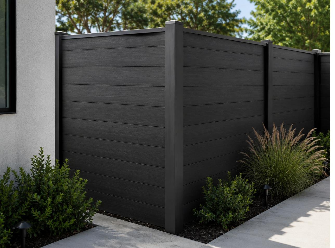 Black WPC fence installed at a corner