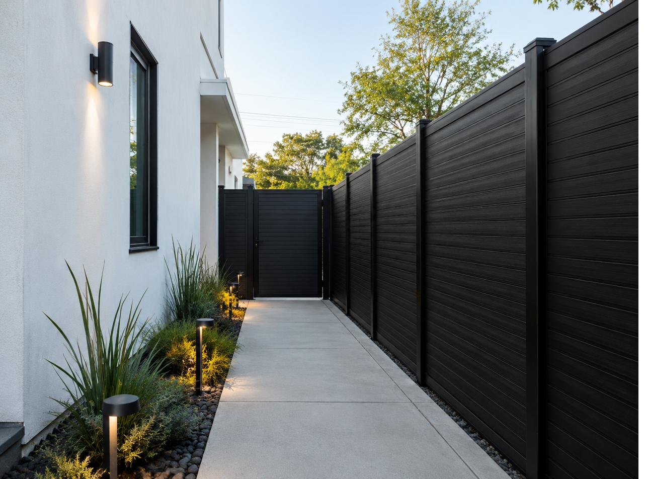 Black WPC privacy fence and gate at golden hour