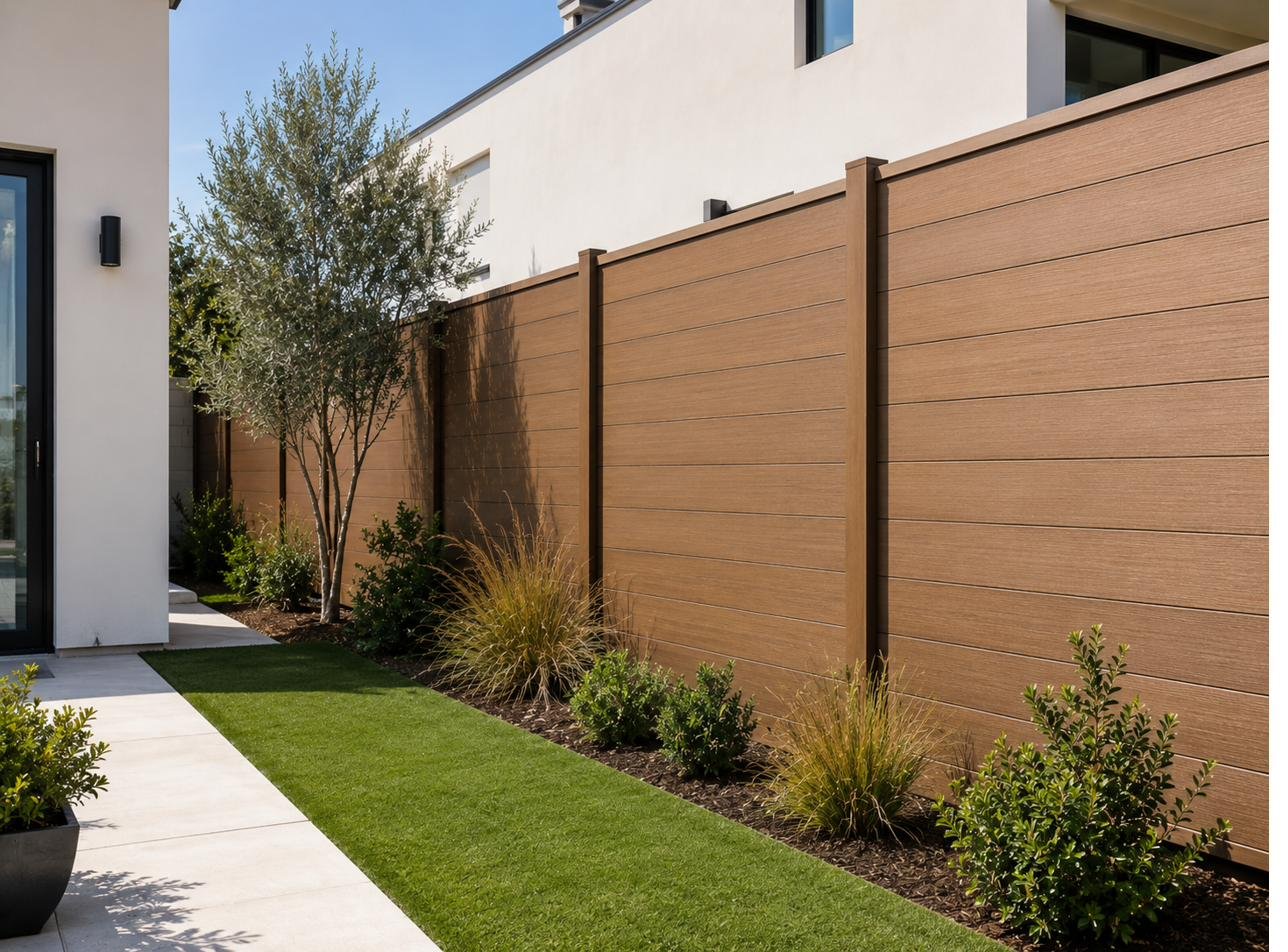 Brown WPC fence along garden path
