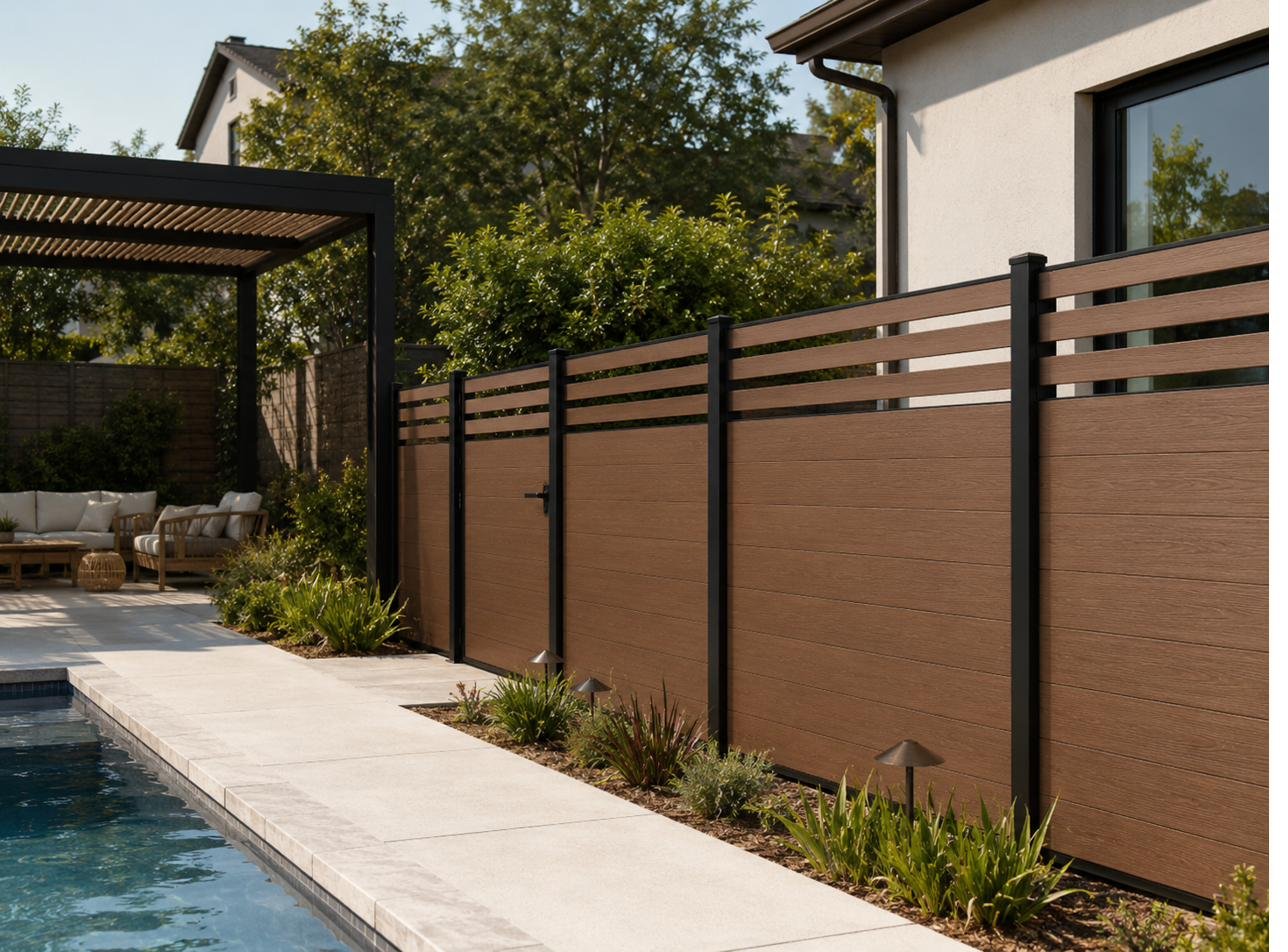 Brown WPC fence installed beside a pool