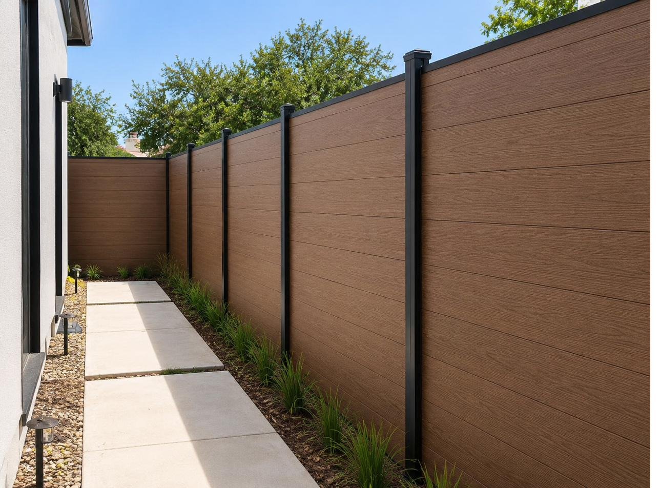 Brown woodgrain WPC fence along a side yard