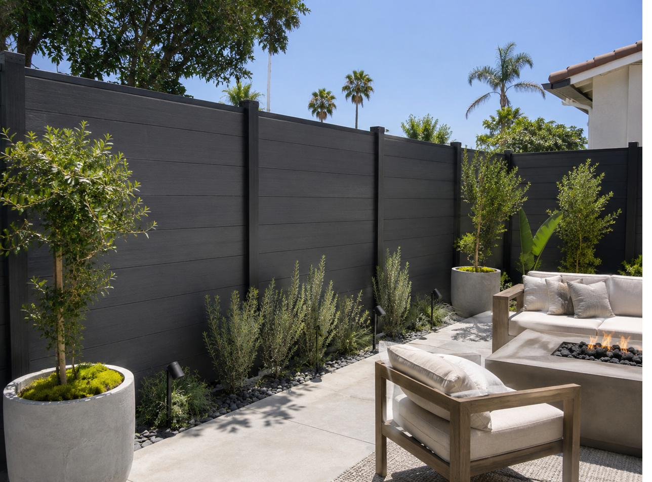 Dark WPC fence behind outdoor lounge