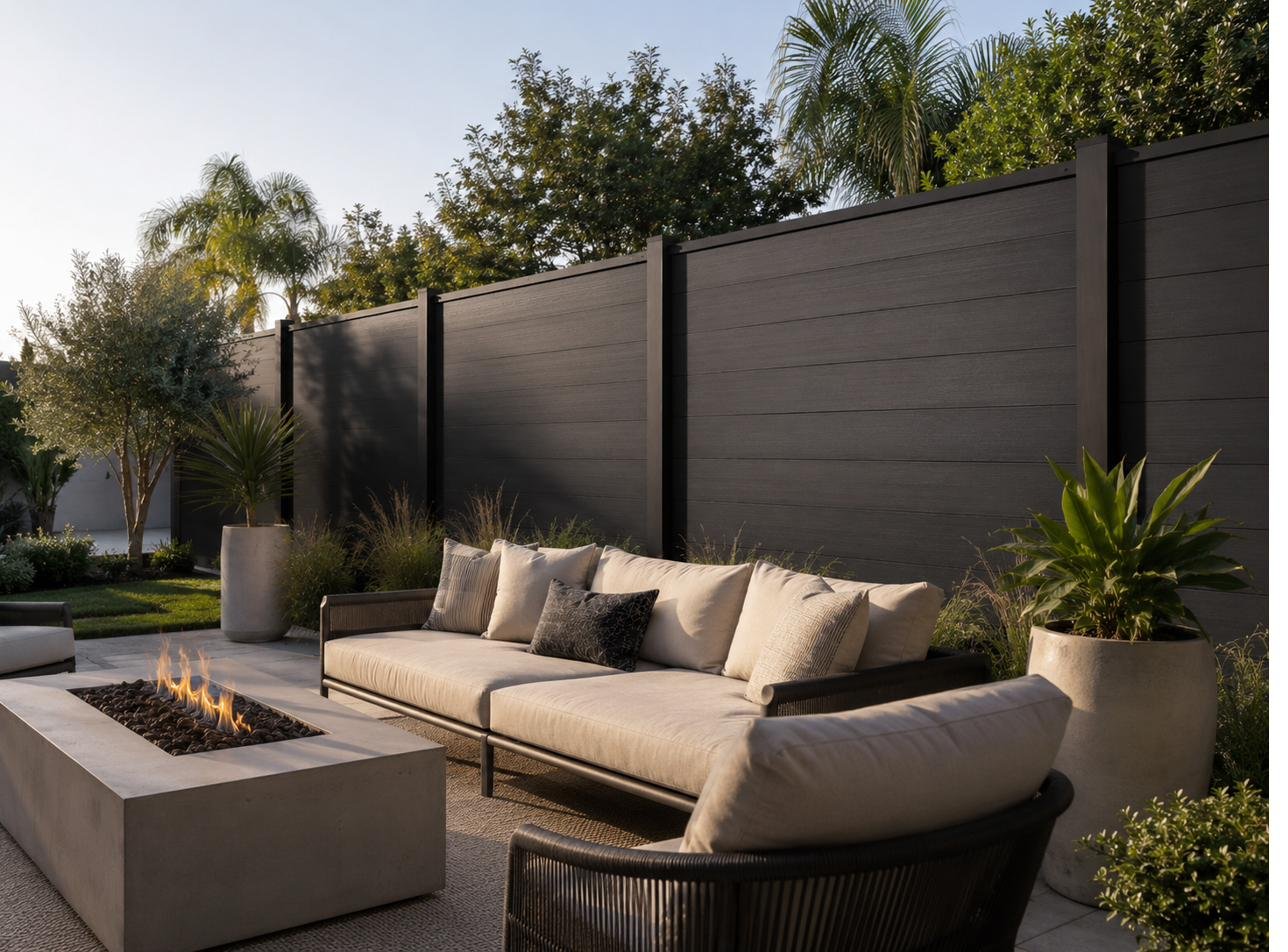Dark WPC privacy fence behind a patio