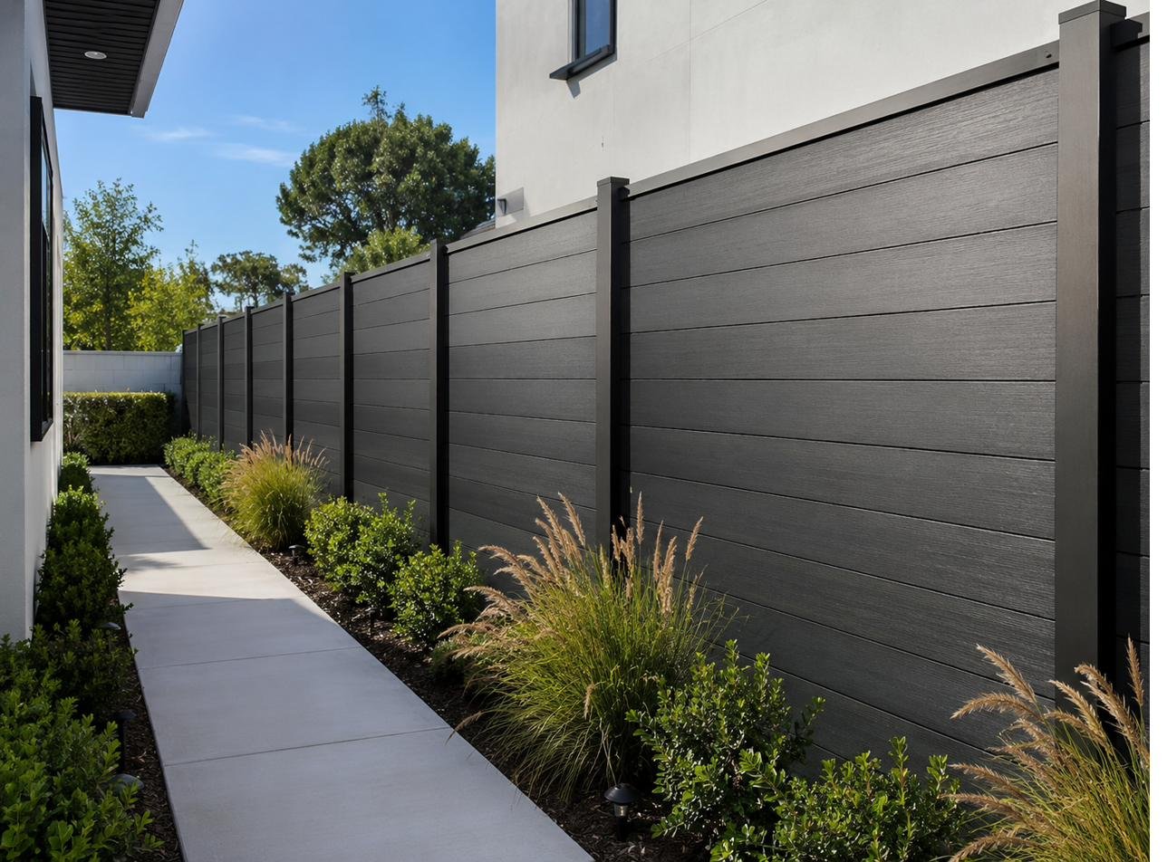 Gray WPC fence along side walkway