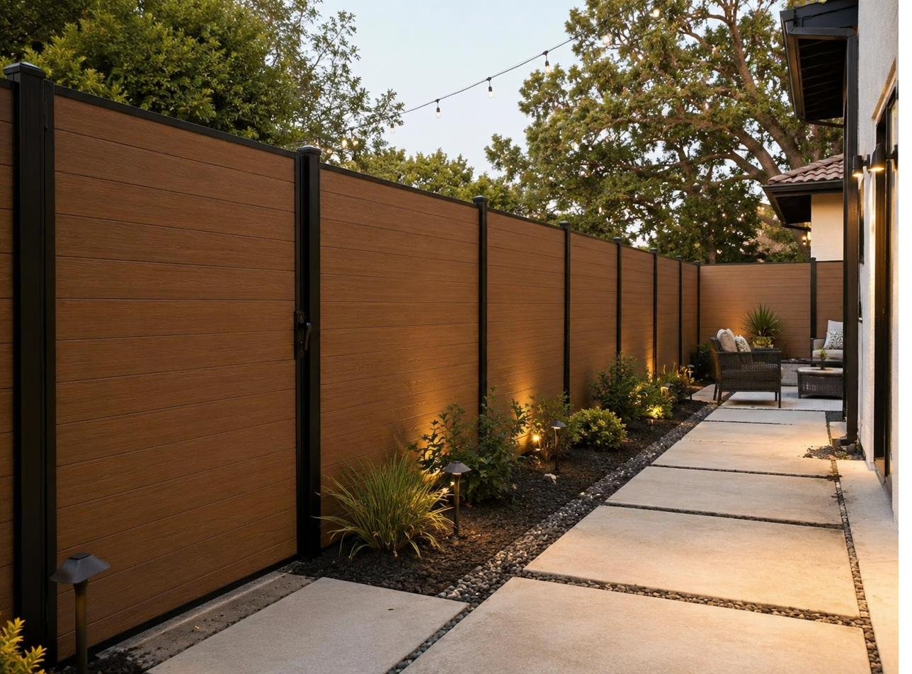 Teak WPC fence at dusk with string lights