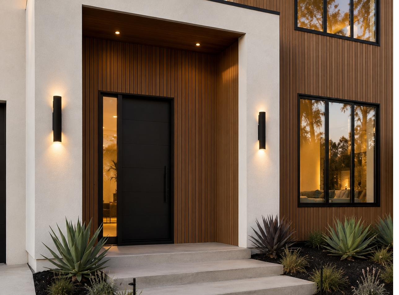 Teak cladding entryway with black door