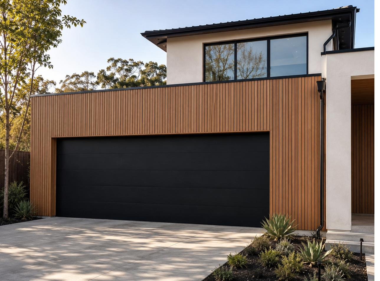 Teak vertical cladding above garage