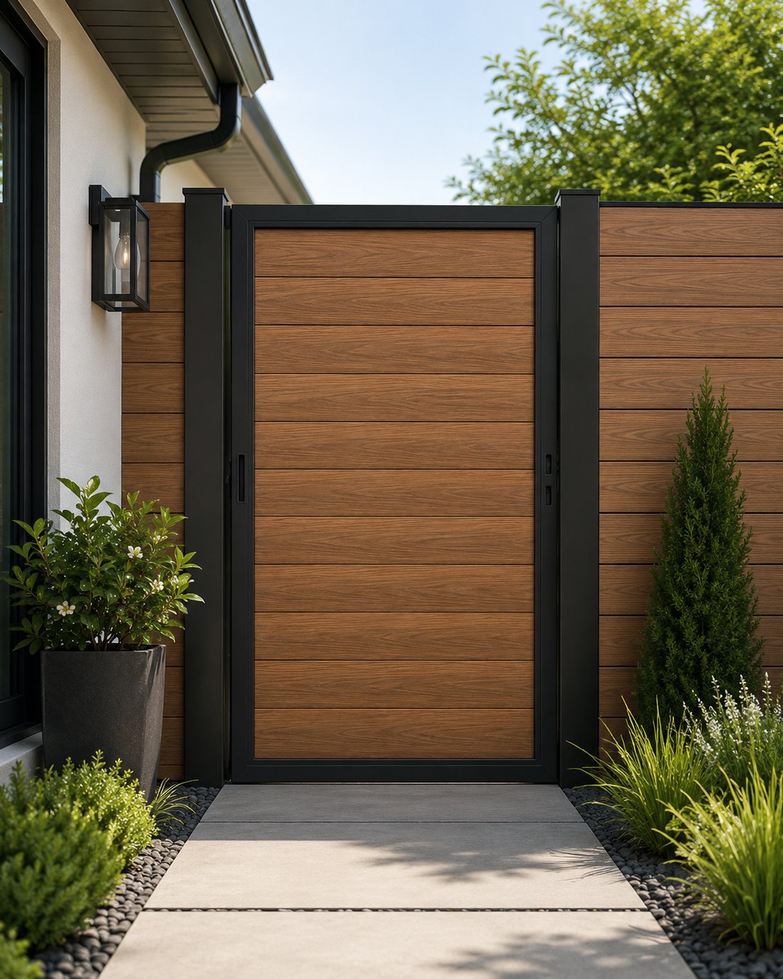 Teak WPC gate with black aluminum frame matching a WPC privacy fence