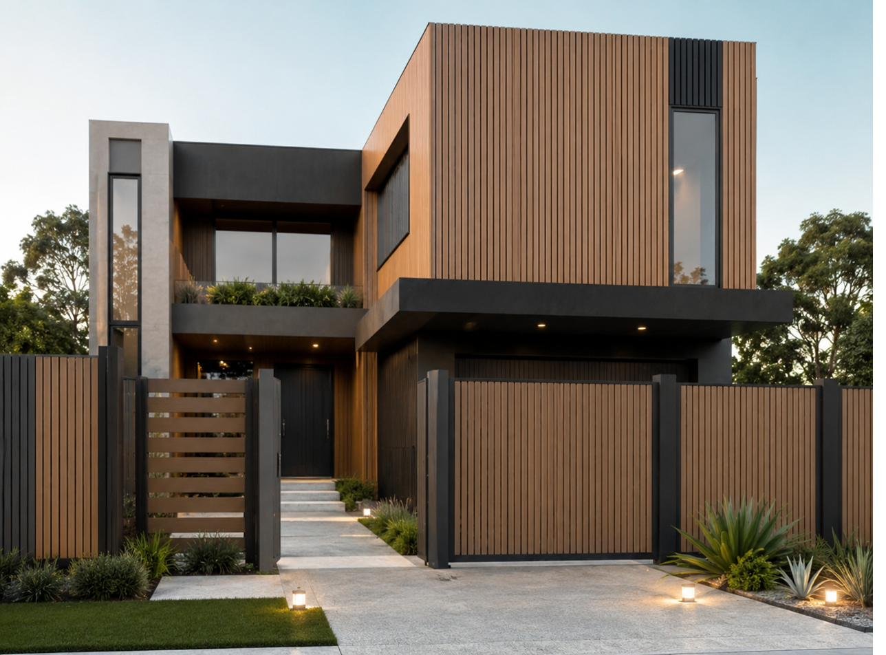 Teak clad modern home front elevation