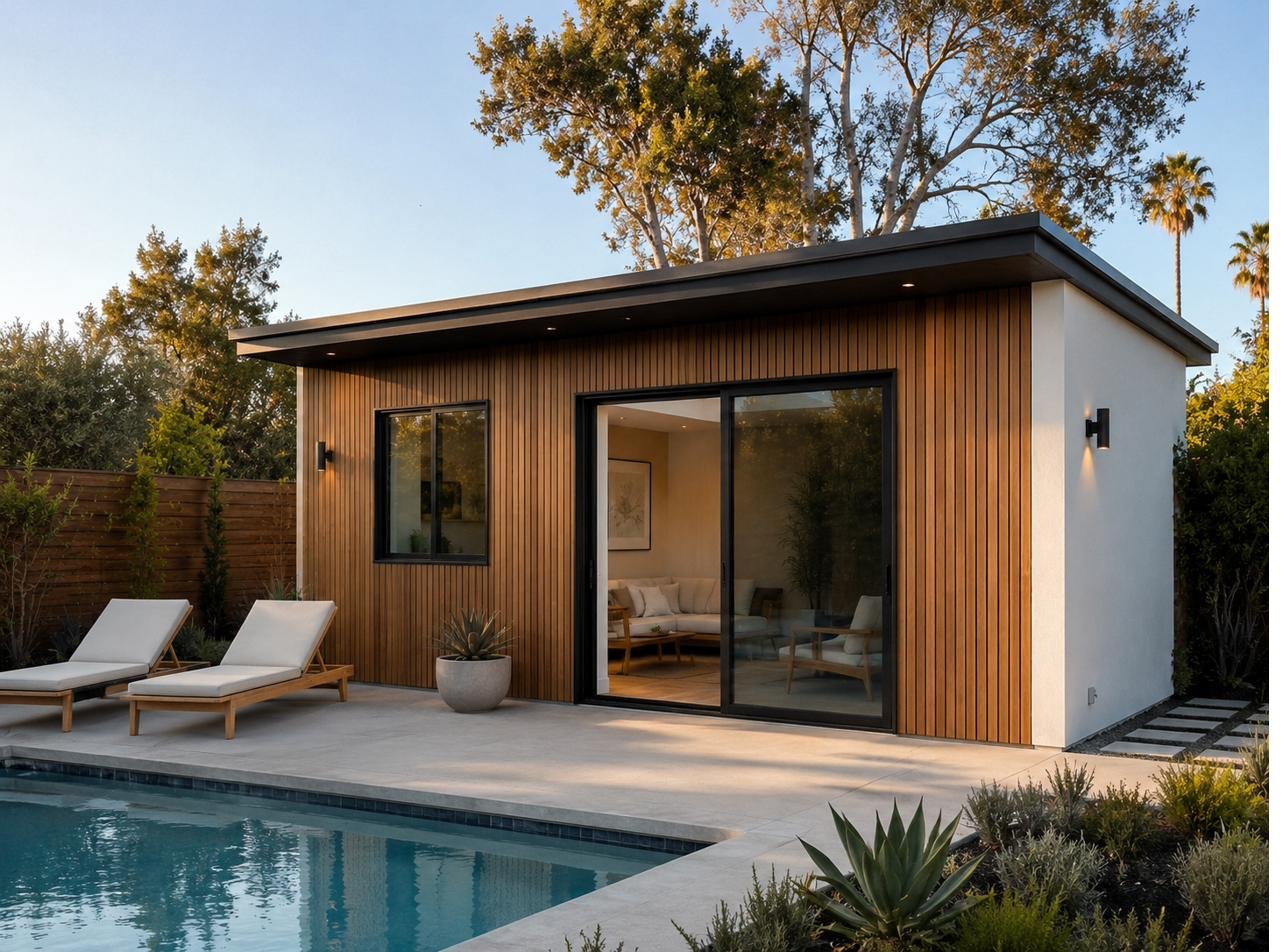 Teak clad pool house with sliding doors