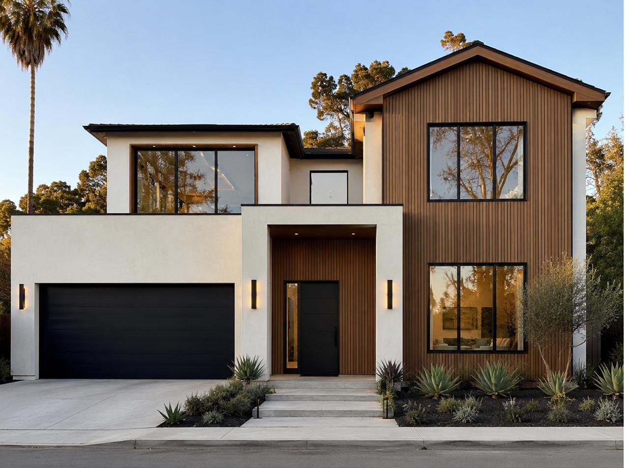 Teak WPC cladding on a modern two-story home